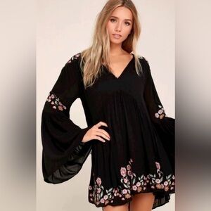 Free People Te Amo Embroidered Bell Sleeve Mini Dress Black Small